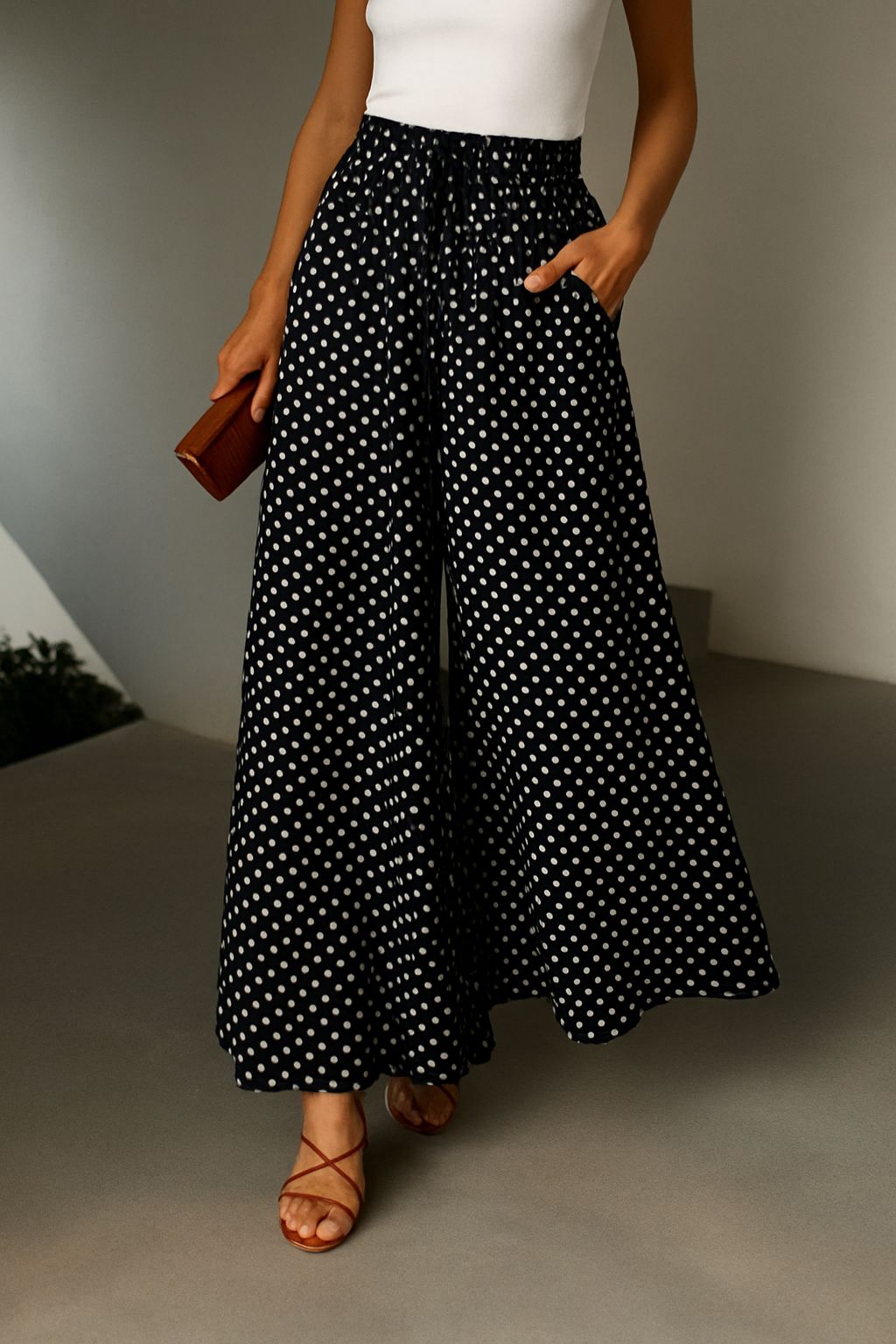 Elegant Polka Dot Wide Pants – High Waist Comfort
