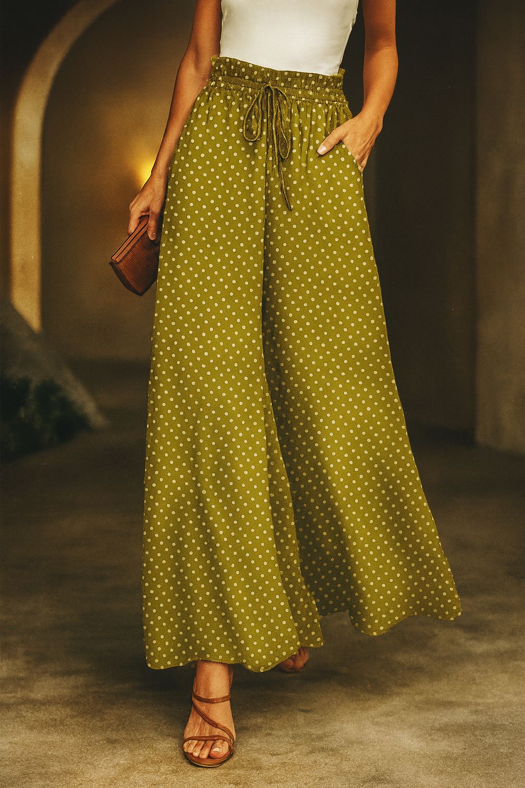 Elegant Polka Dot Wide Pants – High Waist Comfort